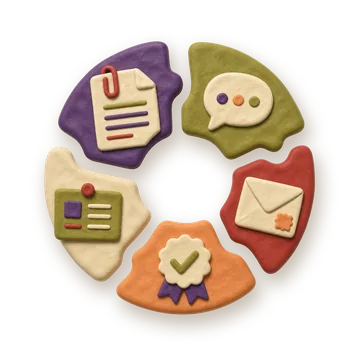 A claymation ring of fragmented documents, charts and a checkmark — work scattered across systems.