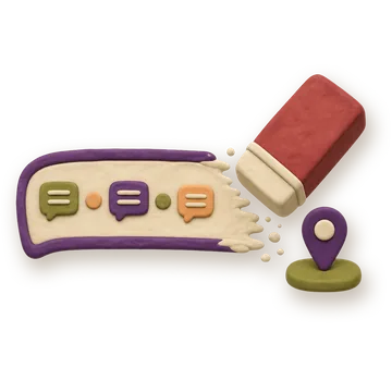 A claymation chat bubble being erased by a red eraser, with a pin marker beside it — assistants forgetting context.