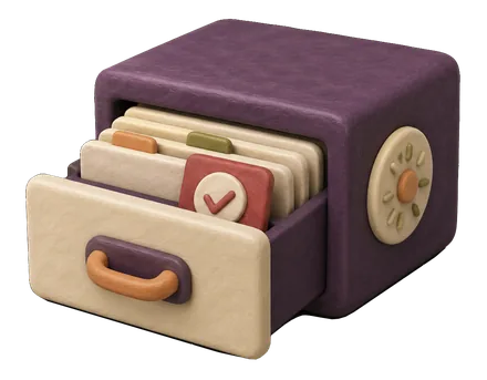 A claymation file cabinet with its drawer pulled open, tabbed cards inside and a combination dial on the side — the company's living ledger.